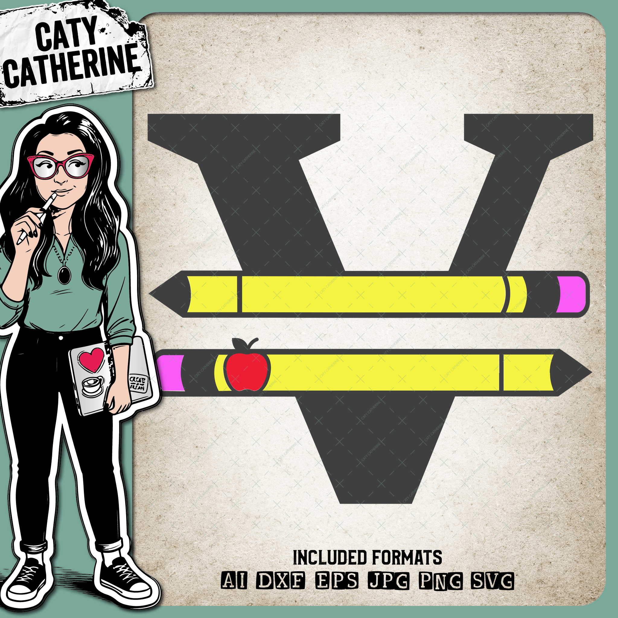 Letter V Split Teacher Monogram with Pencil and Apple Detail – Monograms SVG Design by Caty Catherine