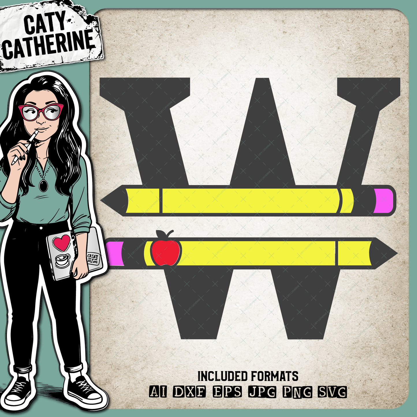 Letter W Split Teacher Monogram with Pencil and Apple Detail – Monograms SVG Design by Caty Catherine