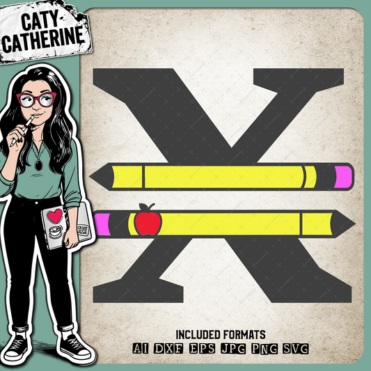 Letter X Split Teacher Monogram with Pencil and Apple Detail – Monograms SVG Design by Caty Catherine