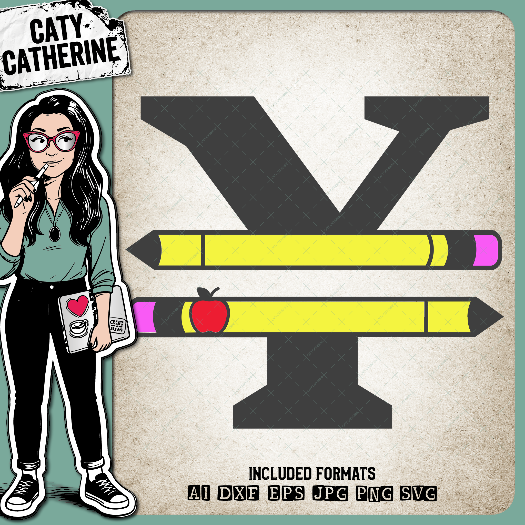 Letter Y Split Teacher Monogram with Pencil and Apple Detail – Monograms SVG Design by Caty Catherine