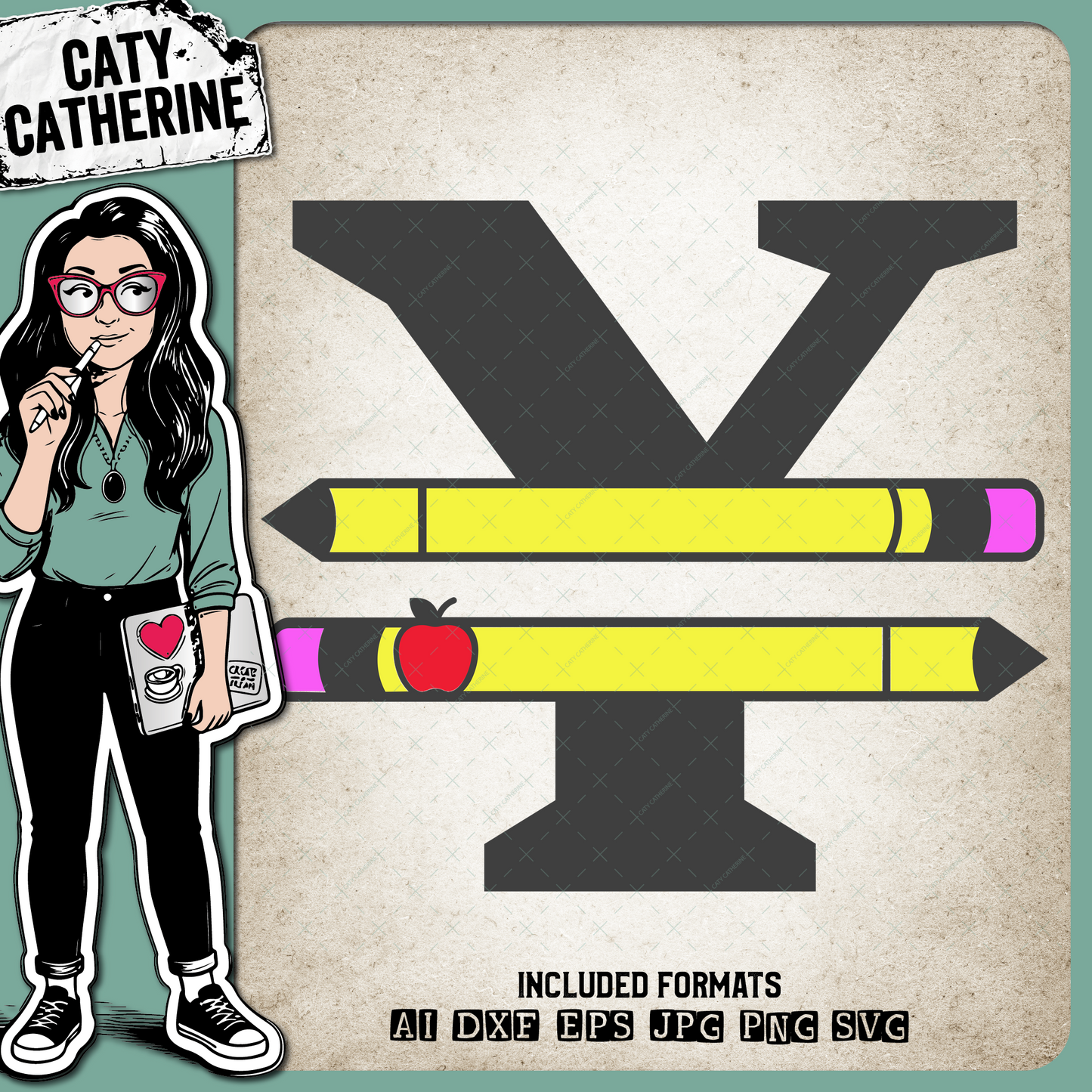 Letter Y Split Teacher Monogram with Pencil and Apple Detail – Monograms SVG Design by Caty Catherine