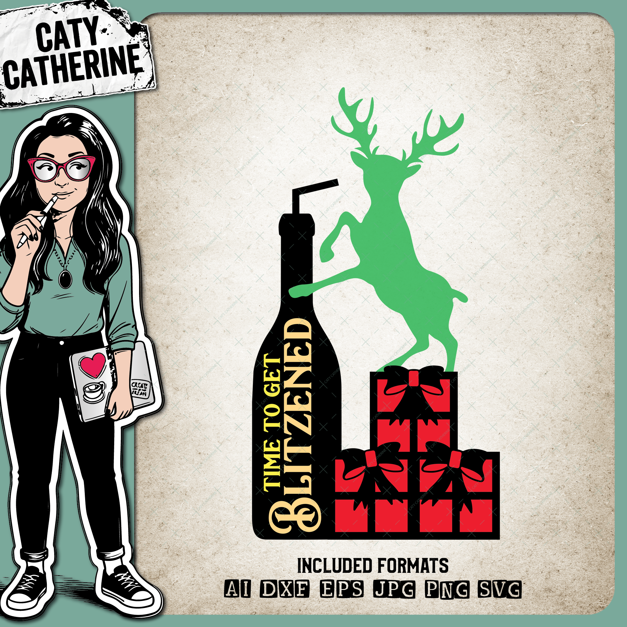 Time To Get Blitzened Christmas Reindeer Wine Presentss – SVG Design by Caty Catherine