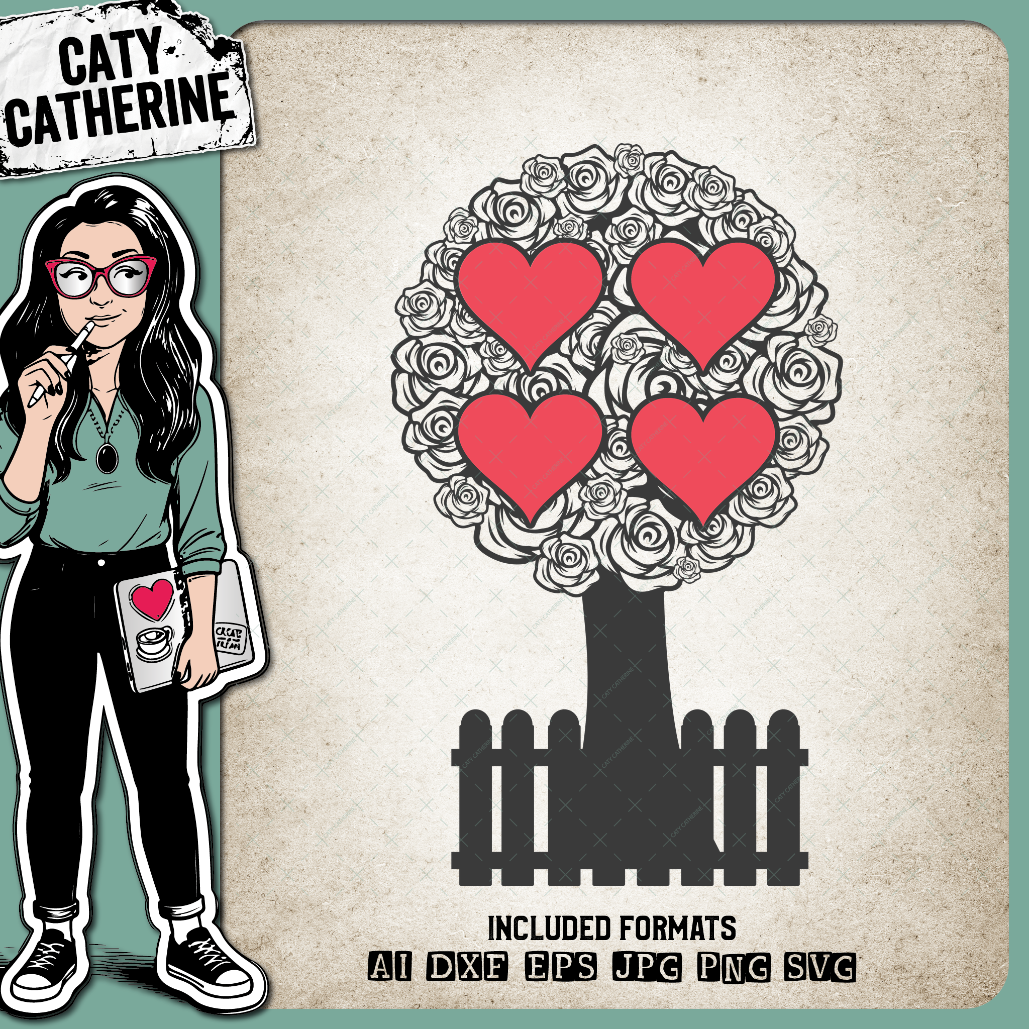 Rose Family Tree With Fence Four Hearts – SVG Design by Caty Catherine