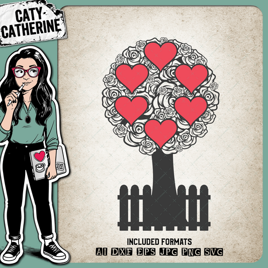 Rose Family Tree With Fence Six Hearts – SVG Design by Caty Catherine