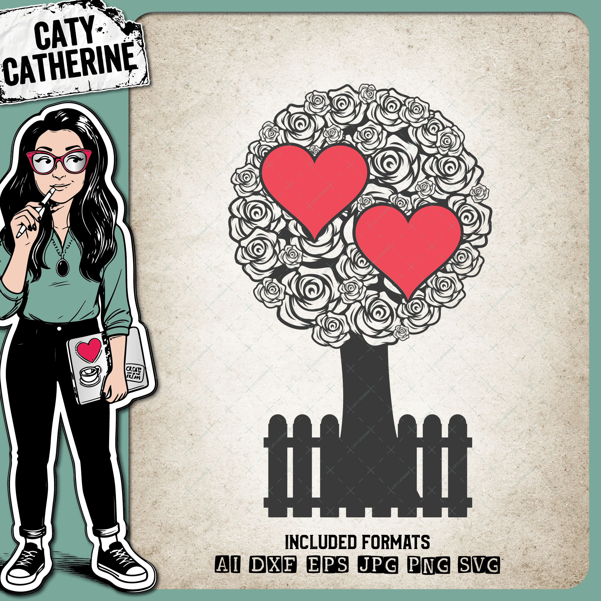 Rose Family Tree With Fence Two Hearts – SVG Design by Caty Catherine