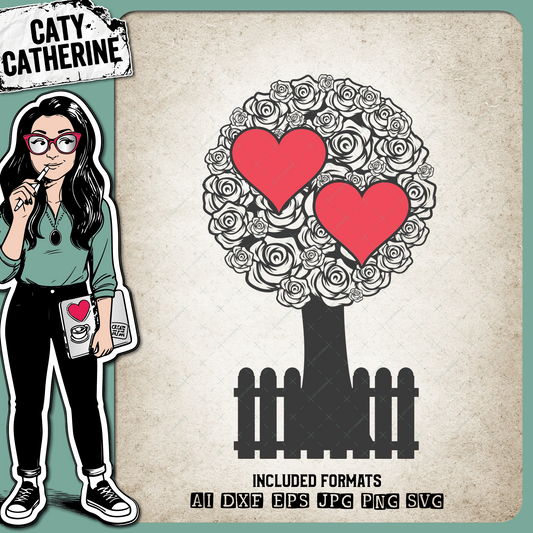 Rose Family Tree With Fence Two Hearts – SVG Design by Caty Catherine