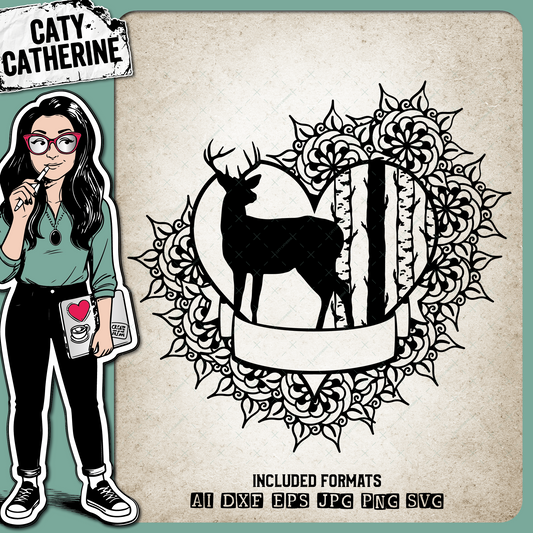 Deer Birch Tree Love Heart Banner Frame – SVG Design by Caty Catherine