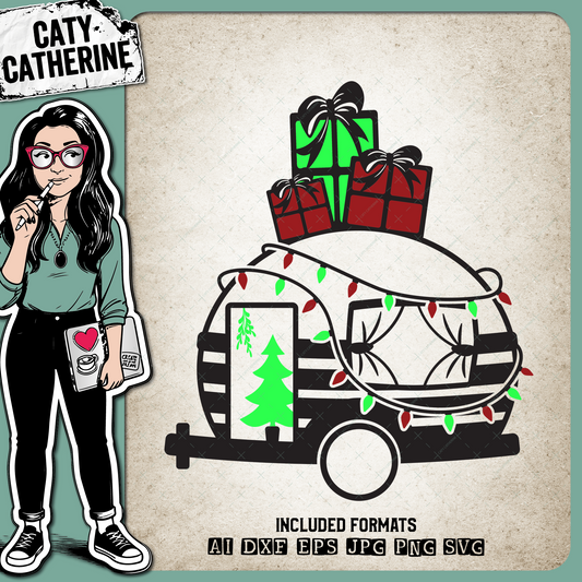 Camper Caravan with Christmas Lights Presents and Christmas Tree – SVG Design by Caty Catherine