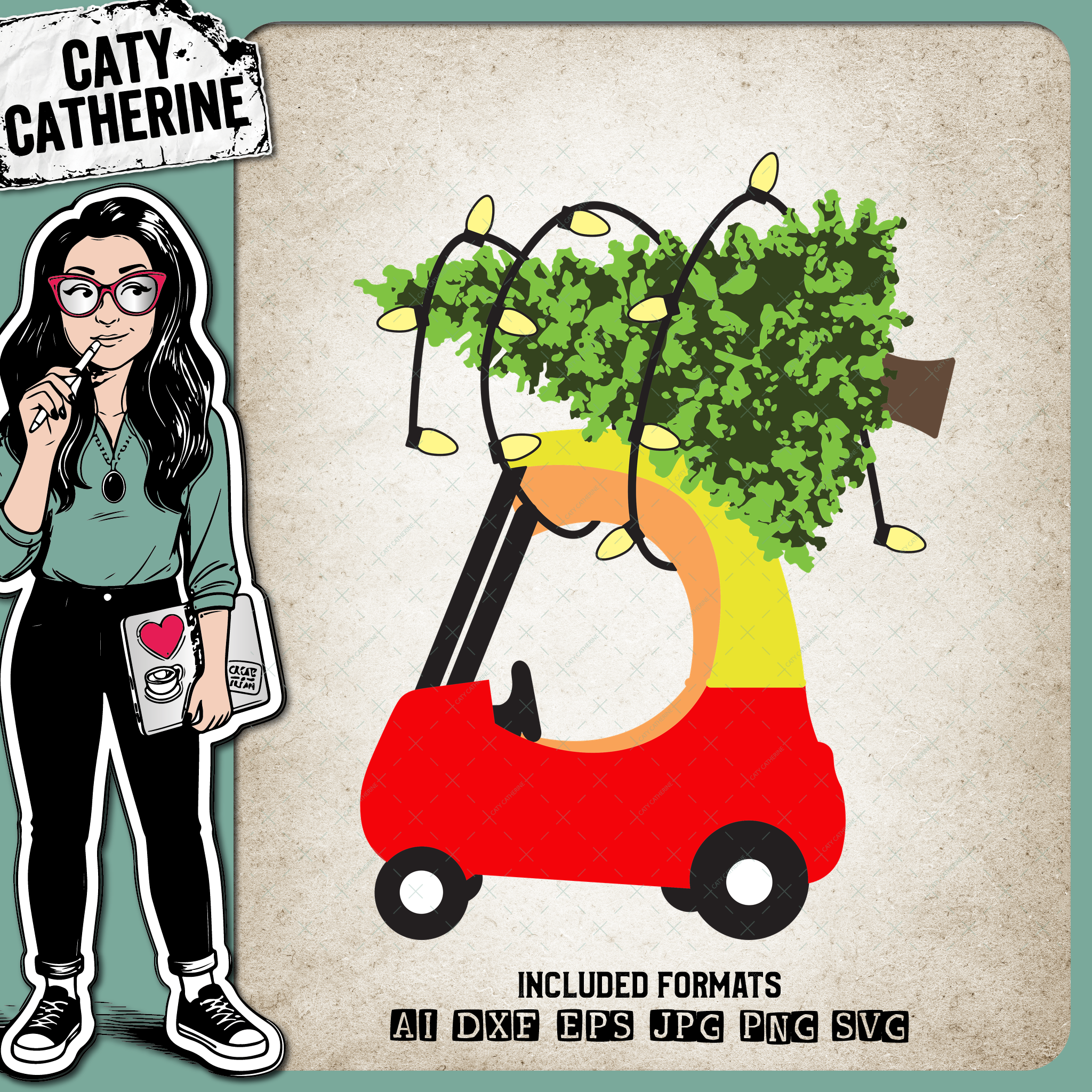 Red and Yellow Kids Car with Christmas Tree on Roof – SVG Design by Caty Catherine