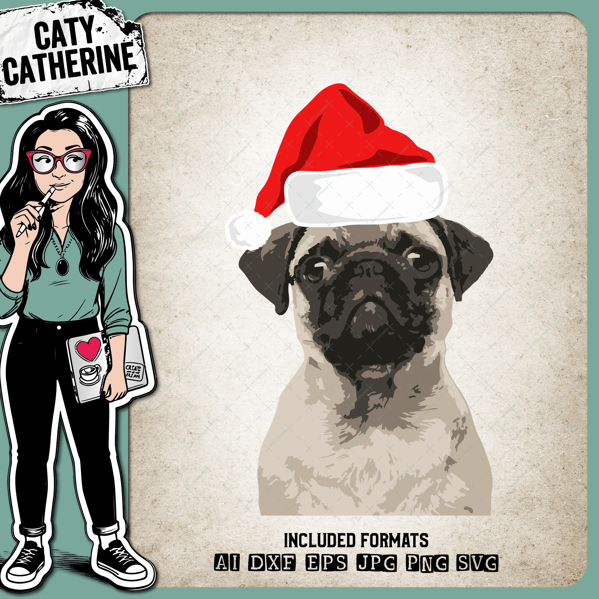 Cute Pug Dog Wearing Santa Hat – Pets & Animals SVG Design by Caty Catherine