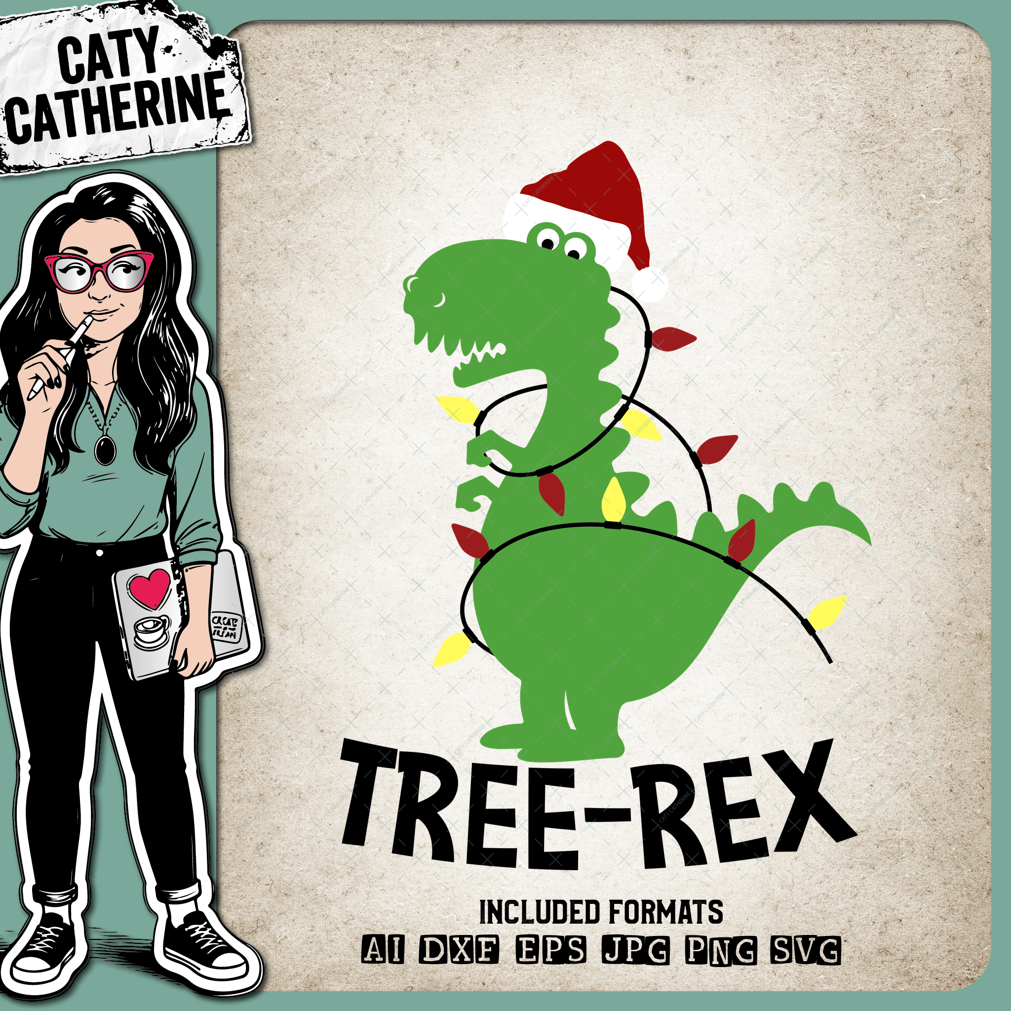 Tree-Rex T-Rex Tyrannosaurus Rex Santa Christmas Lights – SVG Design by Caty Catherine