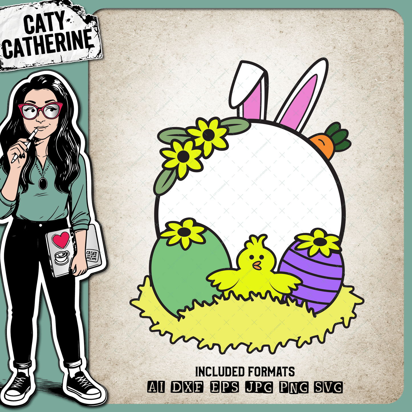 Easter Elements Monogram Frame Bunny Ears Carrot Chick Egg – Monograms SVG Design by Caty Catherine