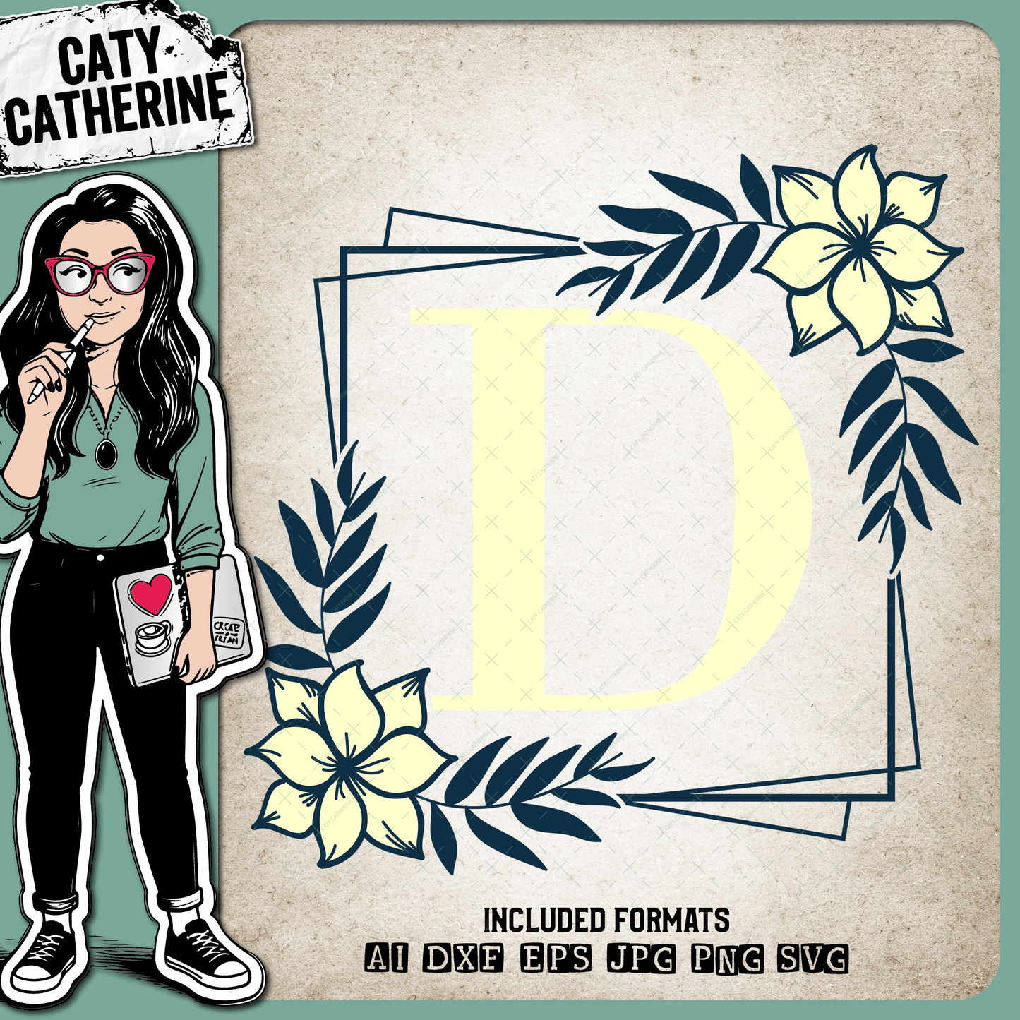 Letter D Floral Monogram Frame – Monograms SVG Design by Caty Catherine