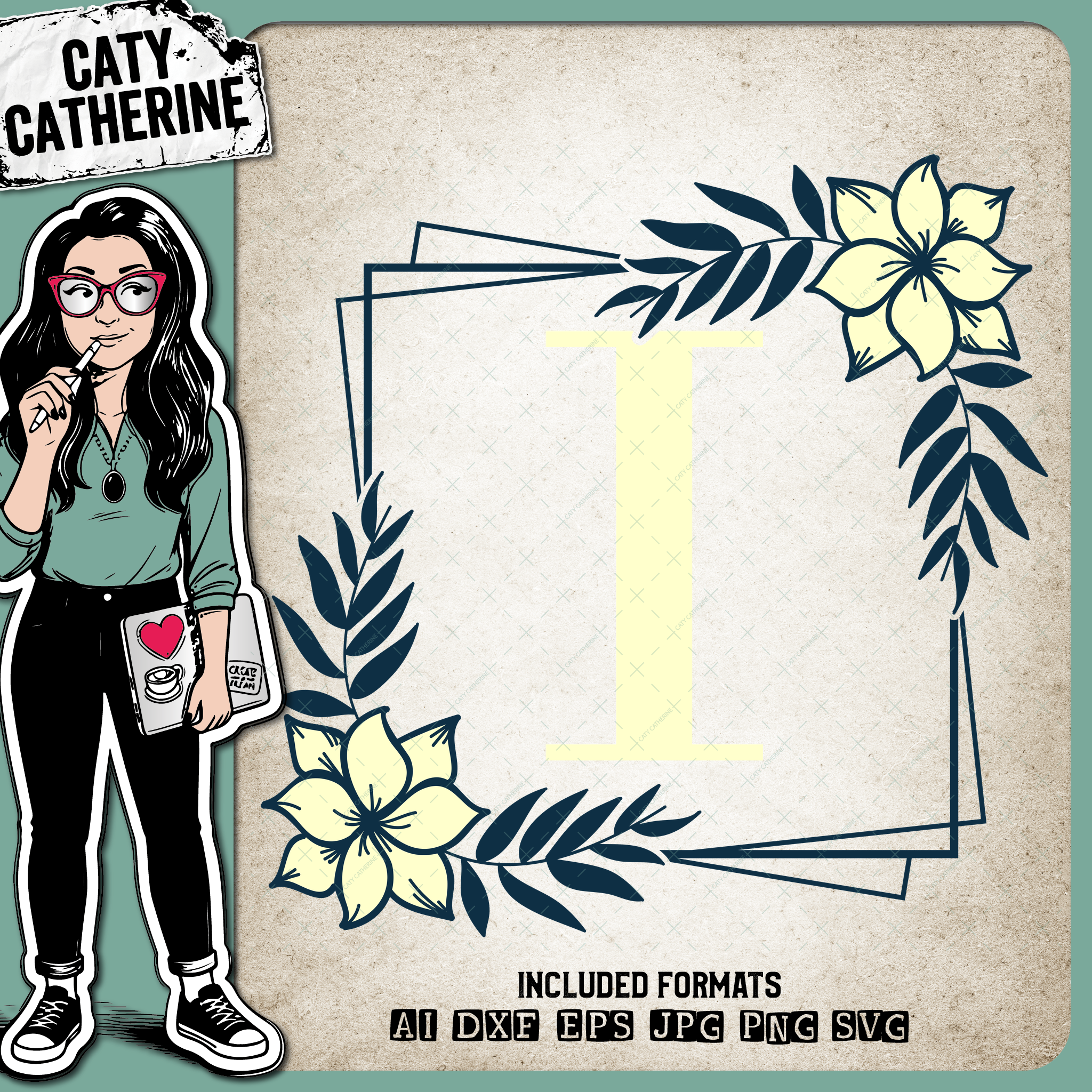 Letter I Floral Monogram Frame – Monograms SVG Design by Caty Catherine