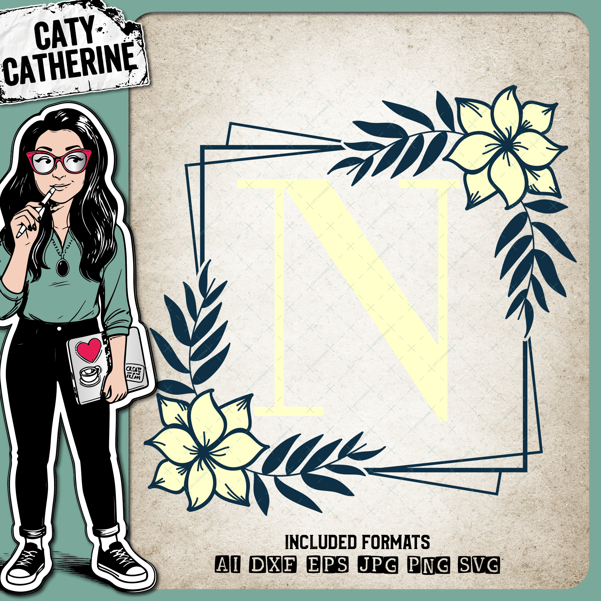 Letter N Floral Monogram Frame – Monograms SVG Design by Caty Catherine