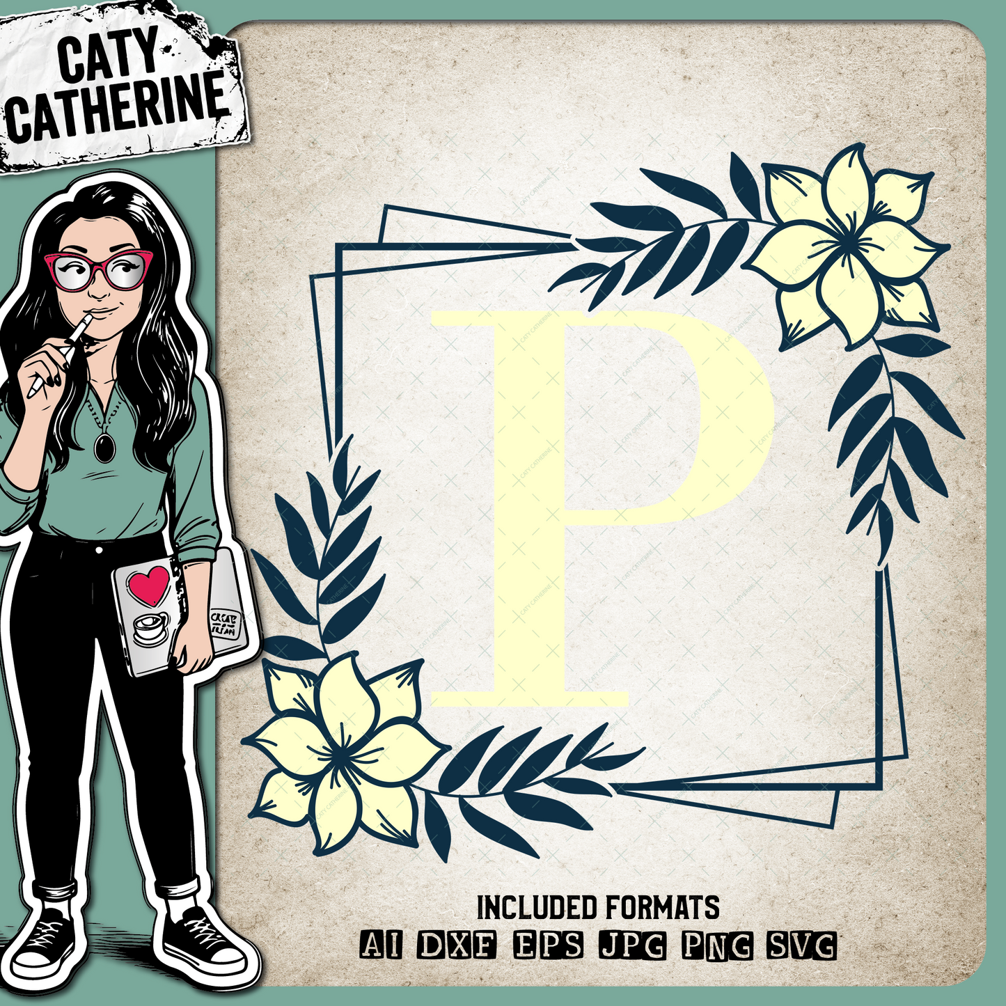 Letter P Floral Monogram Frame – Monograms SVG Design by Caty Catherine