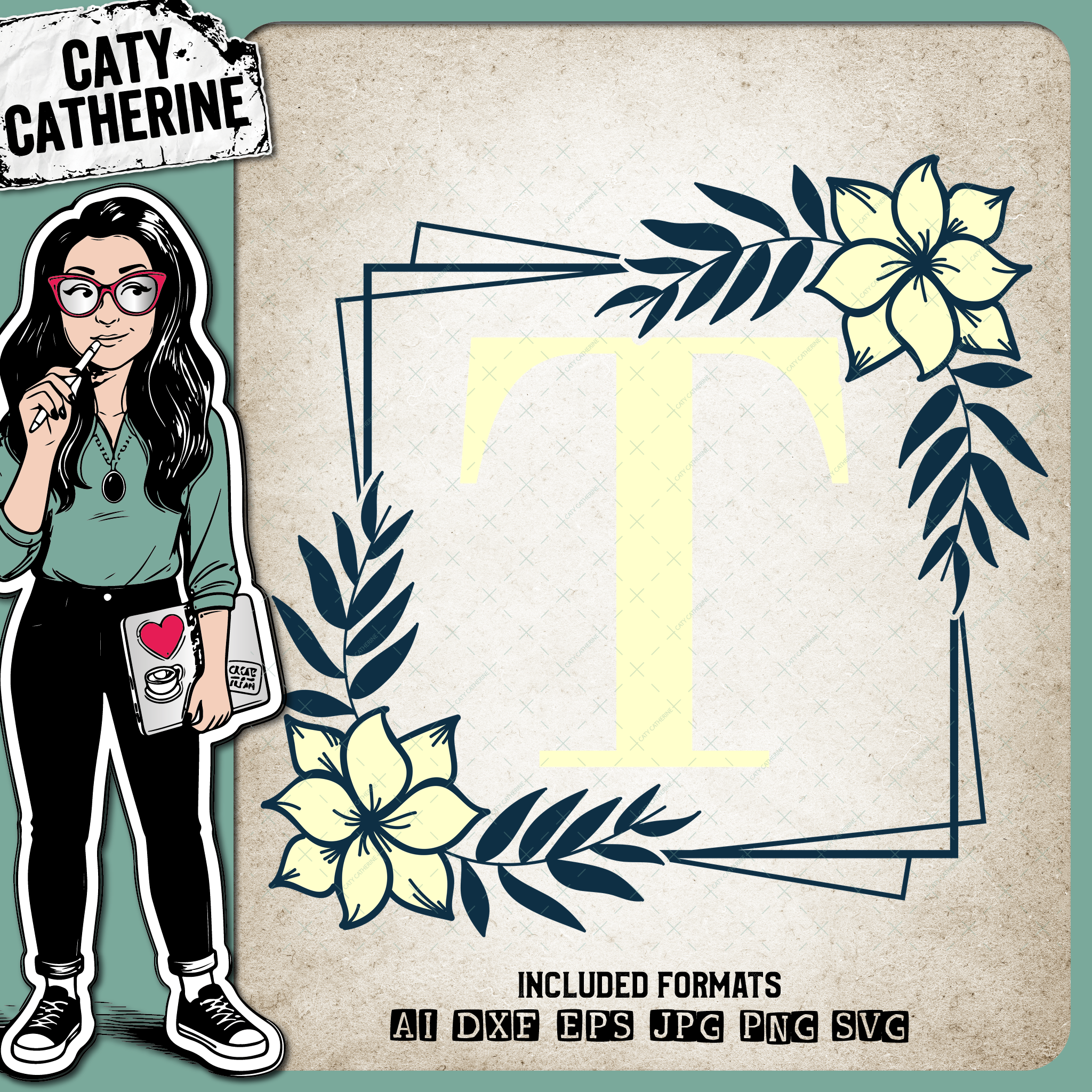 Letter T Floral Monogram Frame – Monograms SVG Design by Caty Catherine