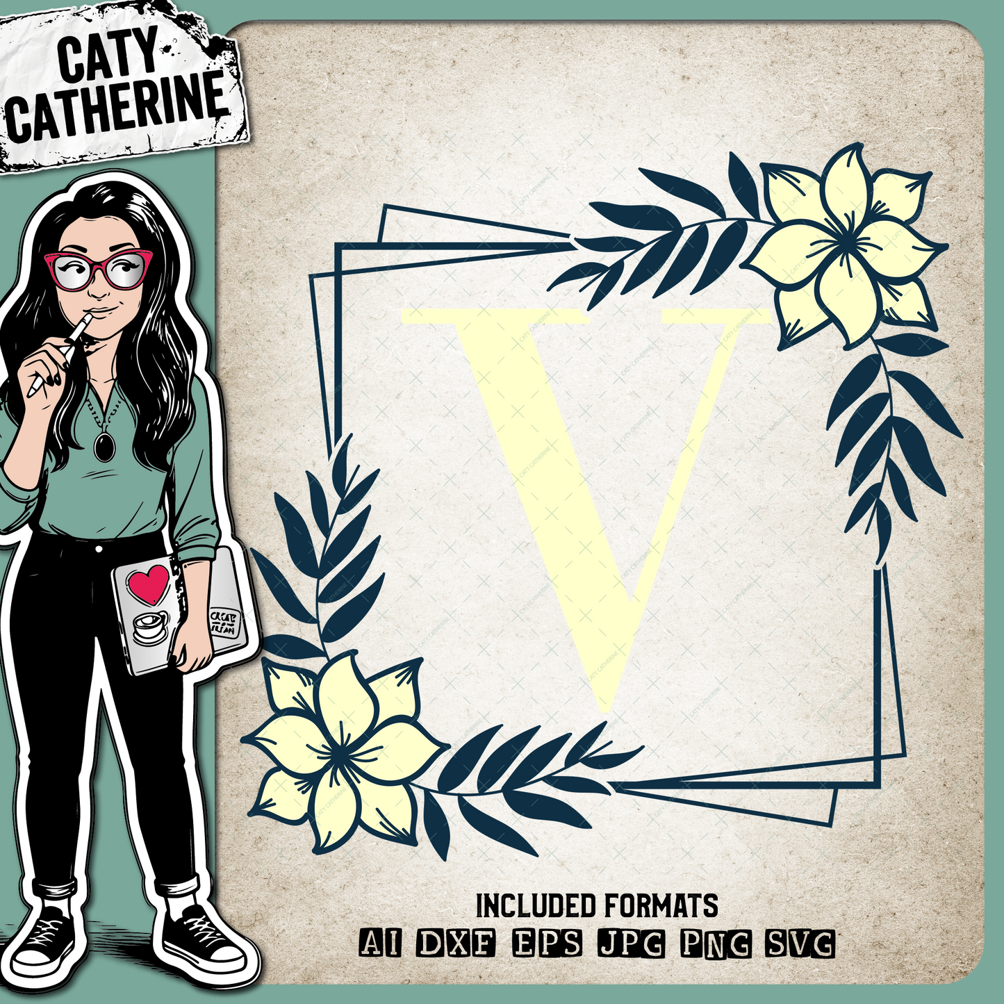 Letter V Floral Monogram Frame – Monograms SVG Design by Caty Catherine