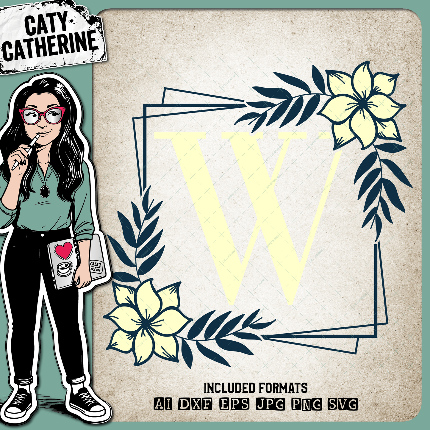 Letter W Floral Monogram Frame – Monograms SVG Design by Caty Catherine