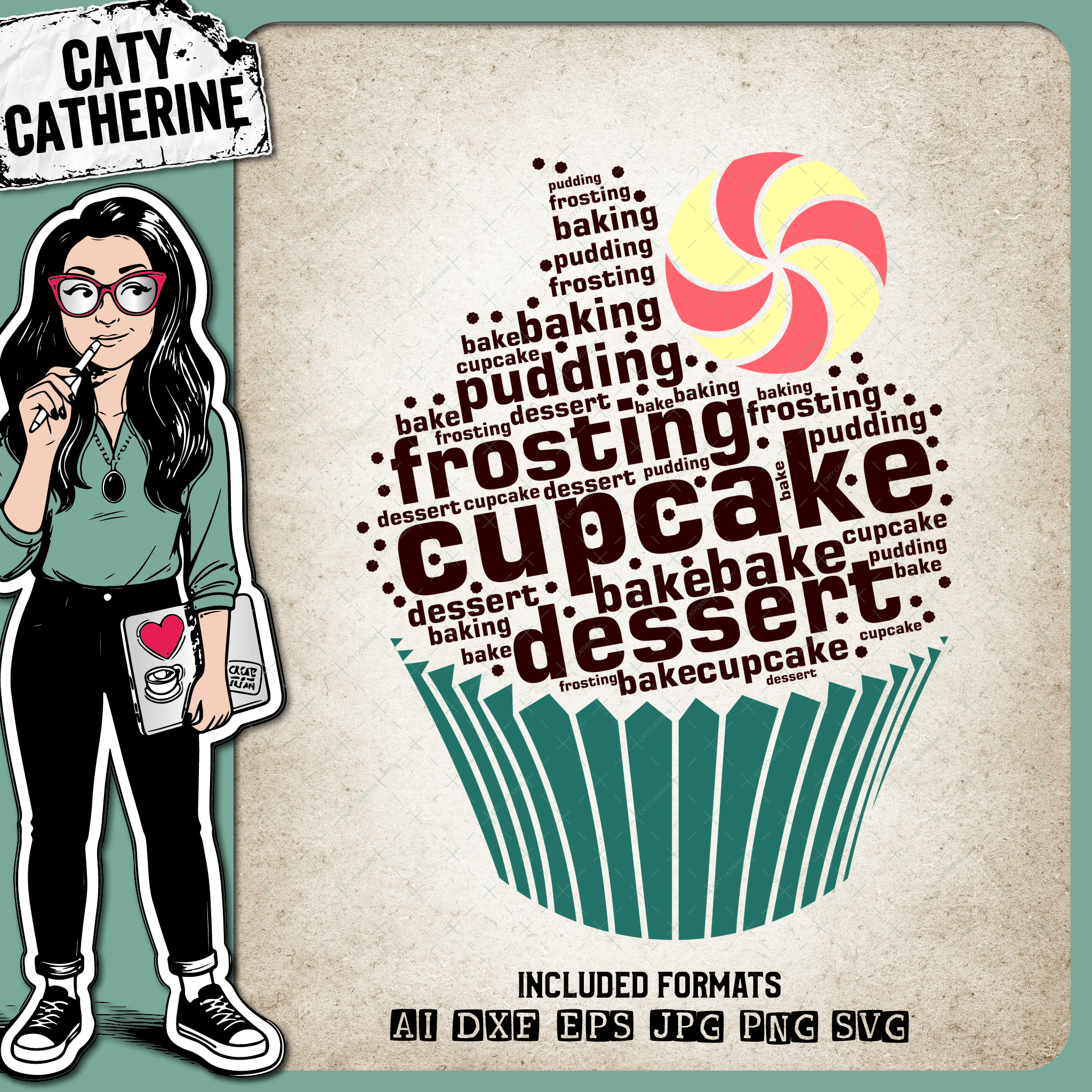 Cupcake Baking Word Art Collage Kitchen Sign – Food & Drink SVG Design by Caty Catherine