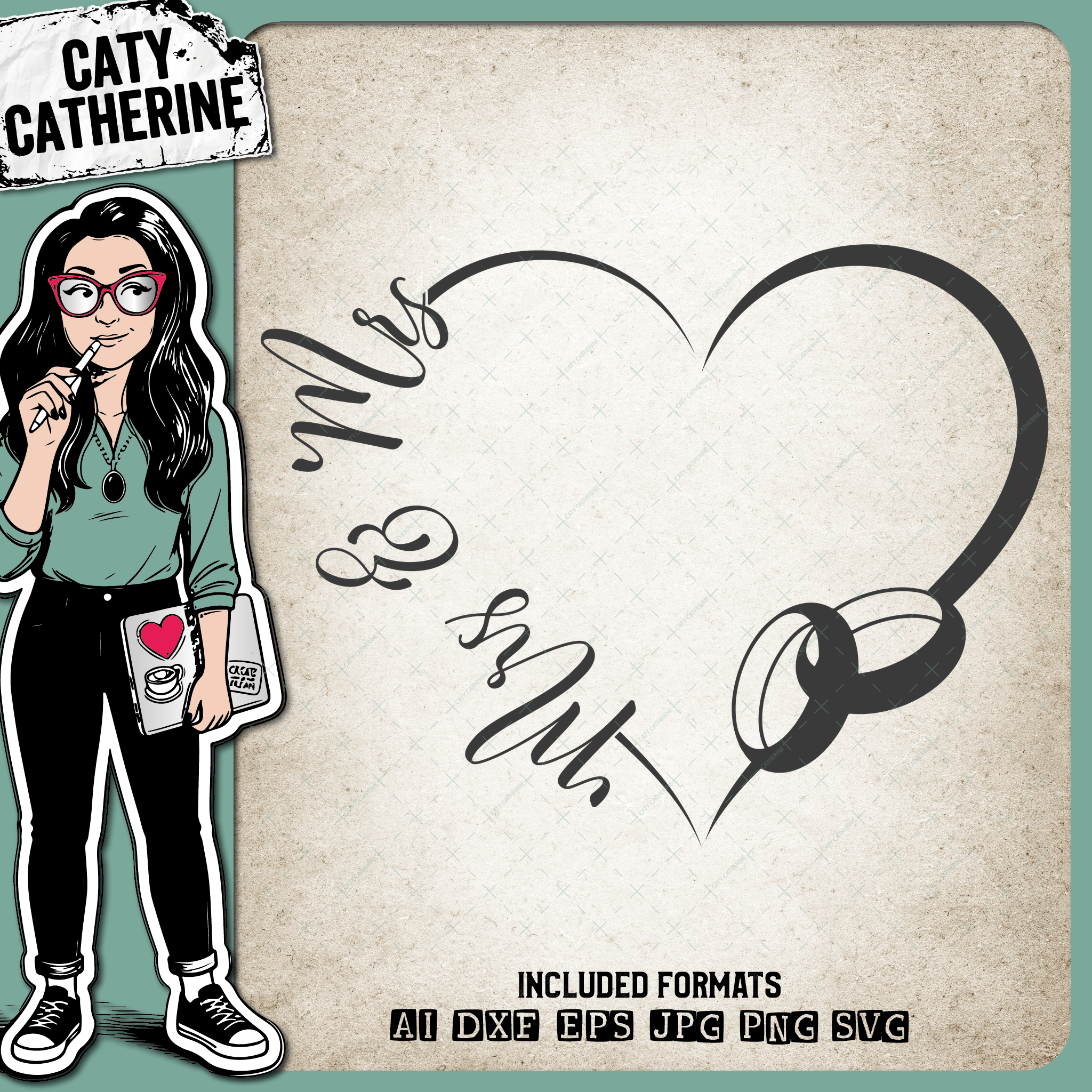 Wedding Love Heart Frame with Rings Mrs and Mrs – SVG Design by Caty Catherine