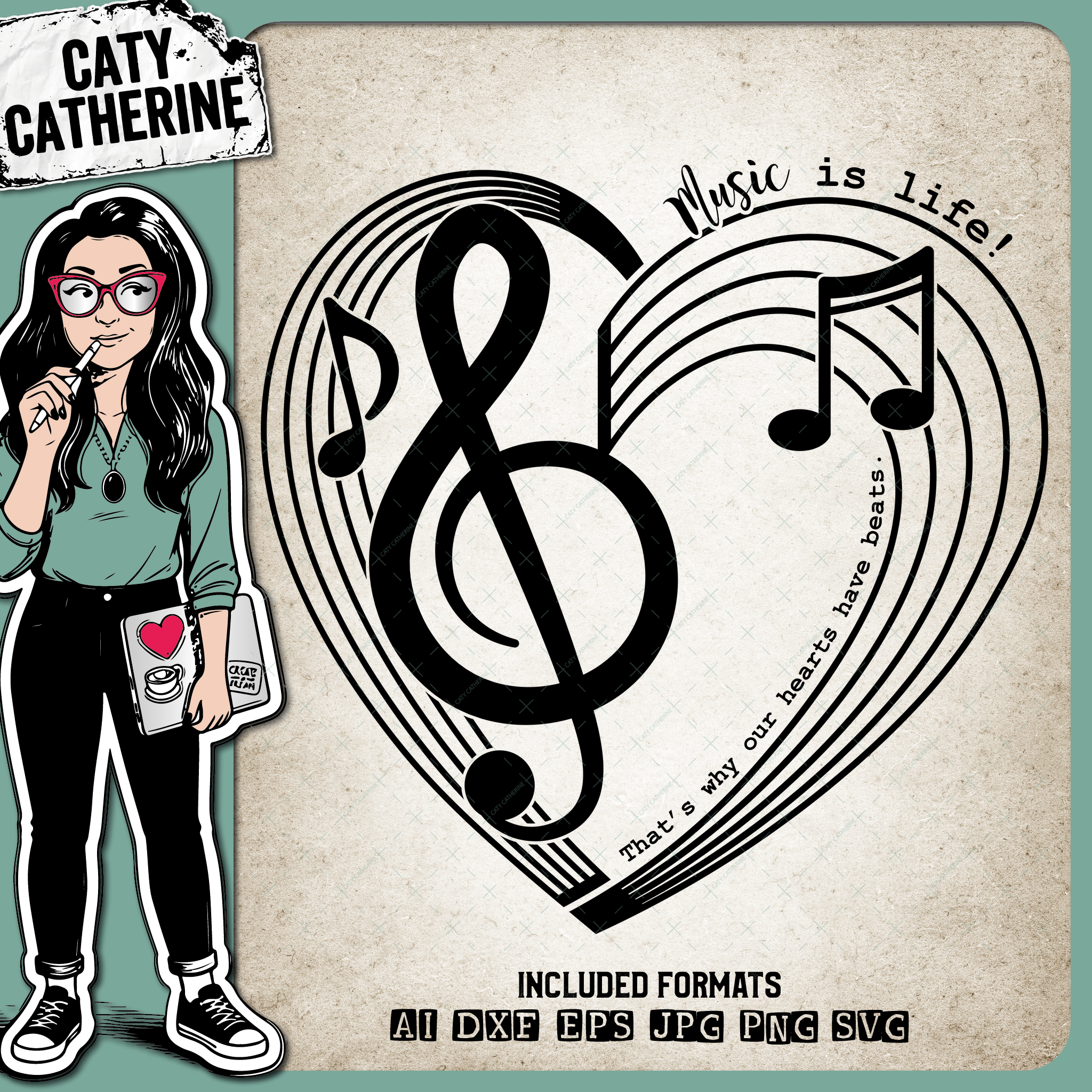 Music Is Life! That's Why Our Hearts Have Beats Musical Notation Love Heart – SVG Design by Caty Catherine