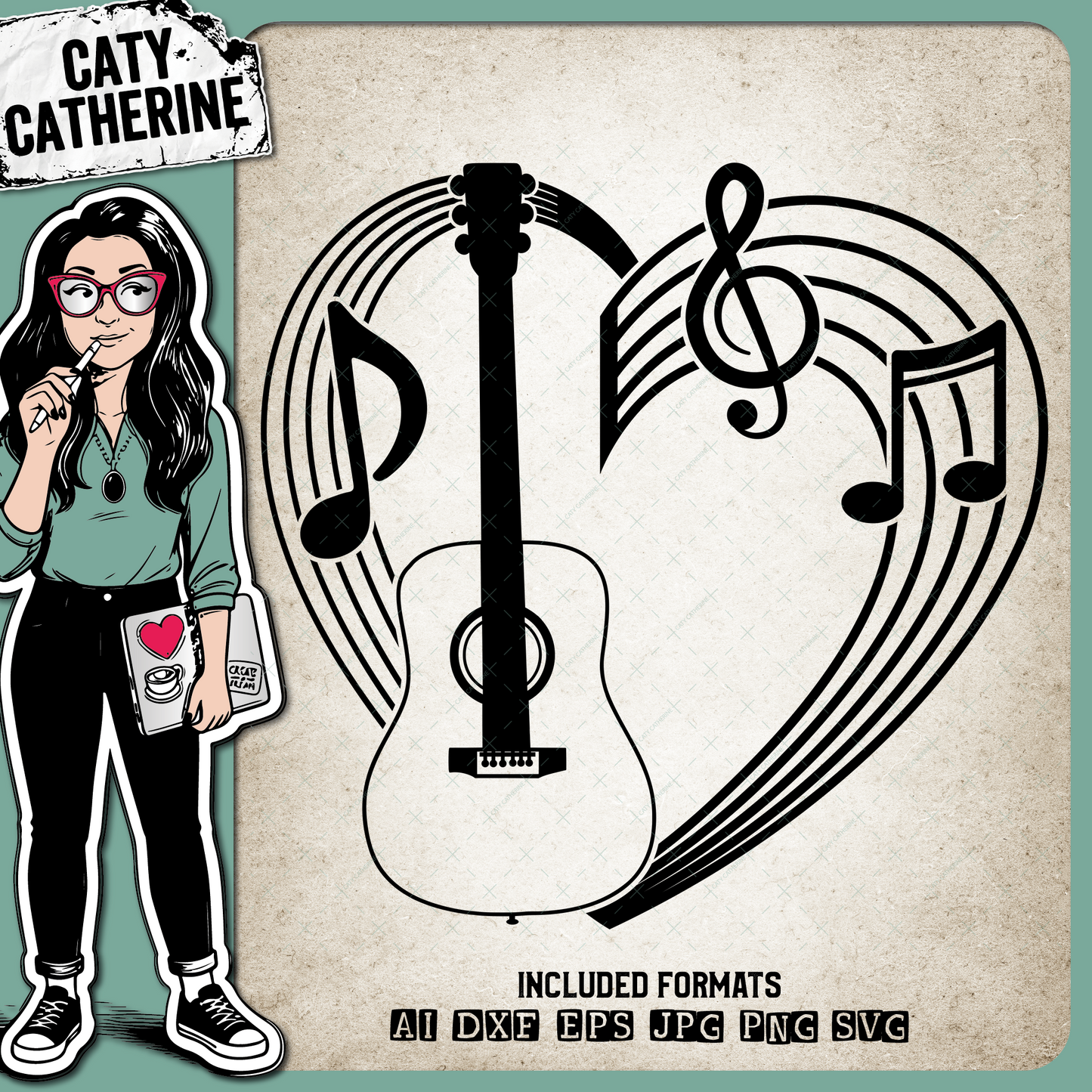 Musical Notation Music Notes Love Heart with Guitar – SVG Design by Caty Catherine