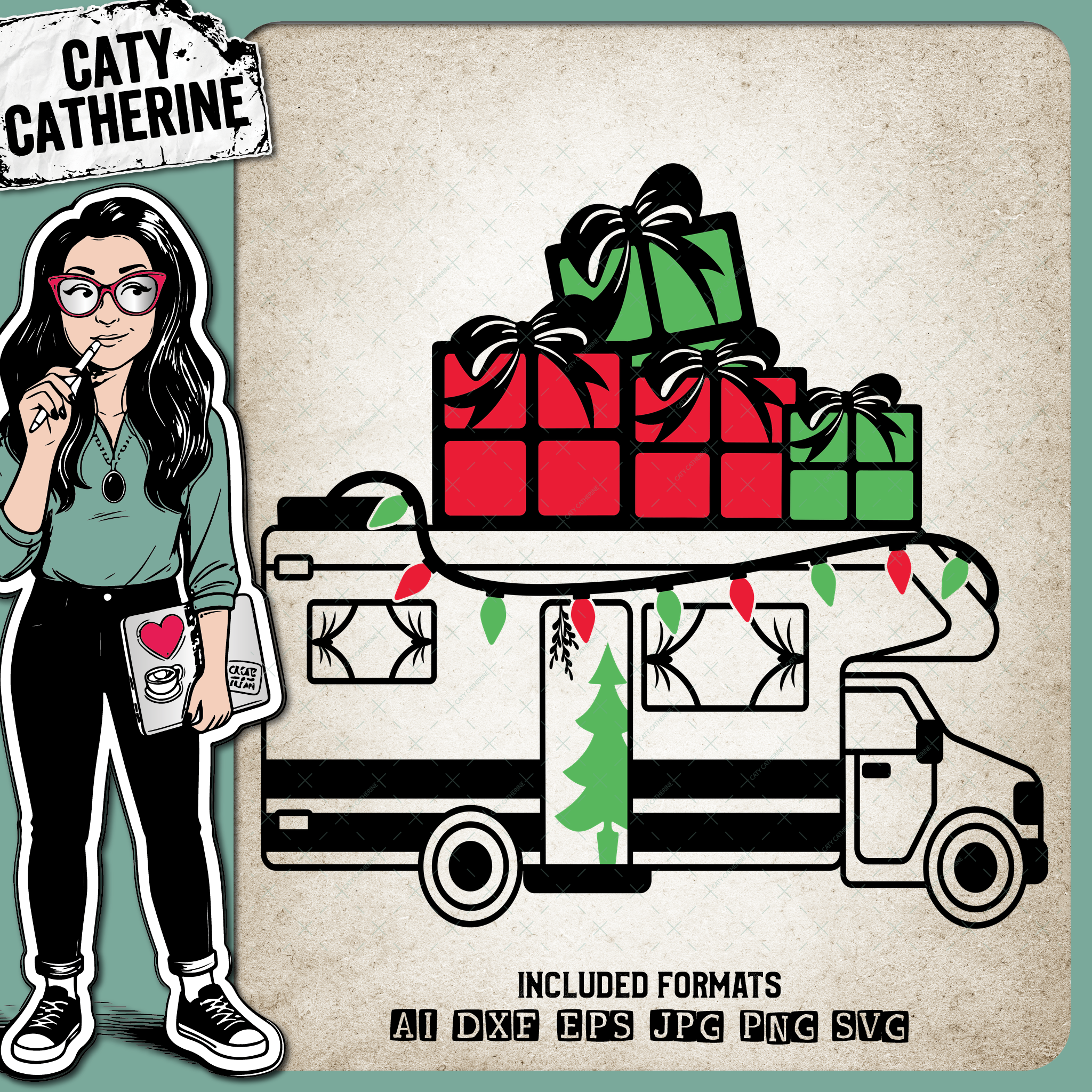 Christmas Camper with Christmas Lights Presents and Christmas Tree – SVG Design by Caty Catherine