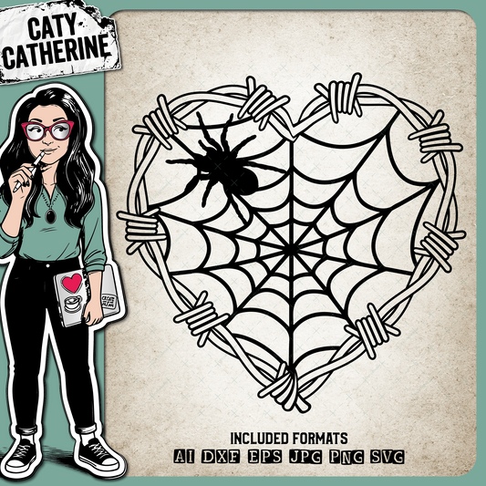 Barbed Wire Love Heart With Spider and Spiders Web Halloween – SVG Design by Caty Catherine