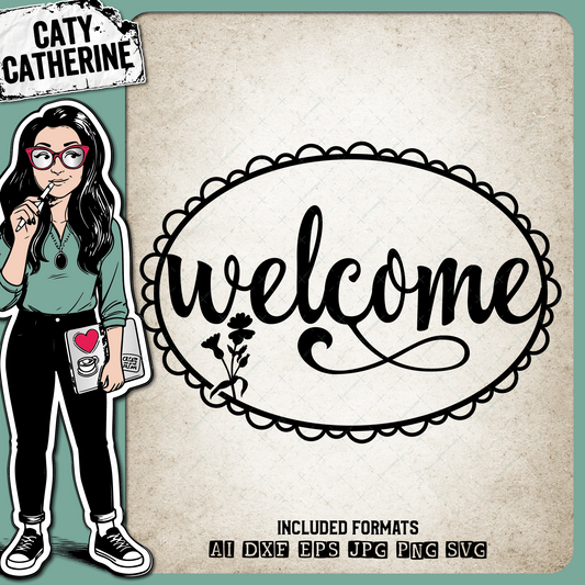 Welcome Sign with Lace and Floral Detail – Home Decor SVG Design by Caty Catherine