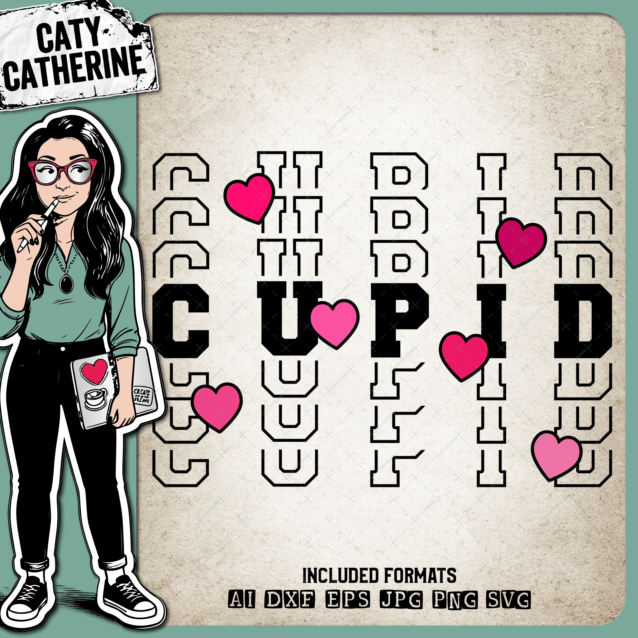 Cupid Word Art with Love Hearts Valentine's Day Mirrored Stacked Duplicated Letters – Valentine’s Day SVG Design by Caty Catherine