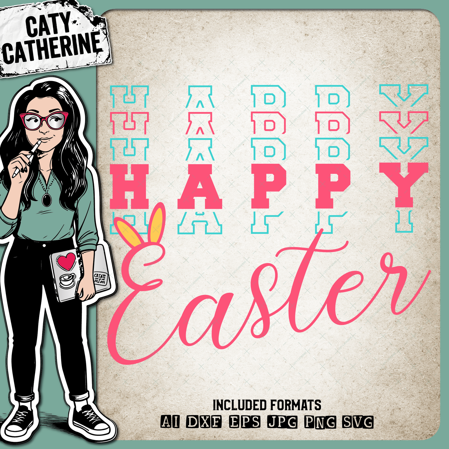 Happy Easter with Bunny Ears Mirror Stacked Letters – SVG Design by Caty Catherine