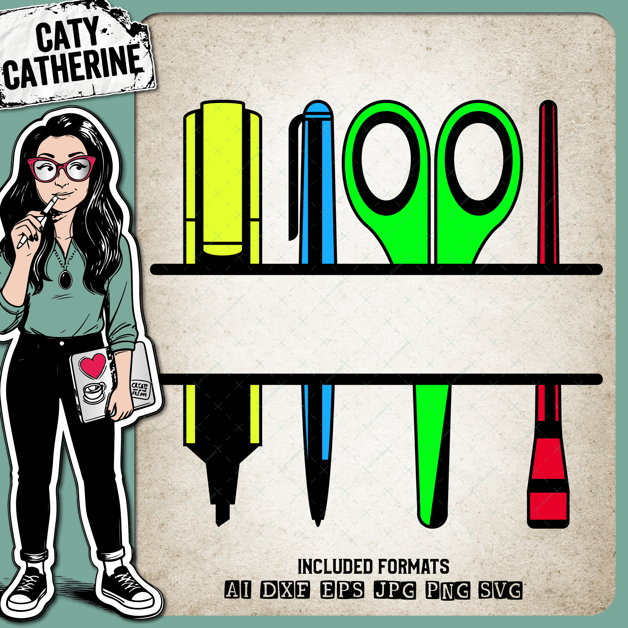 Stationary Pens Scissors Teacher Split Monogram – Monograms SVG Design by Caty Catherine