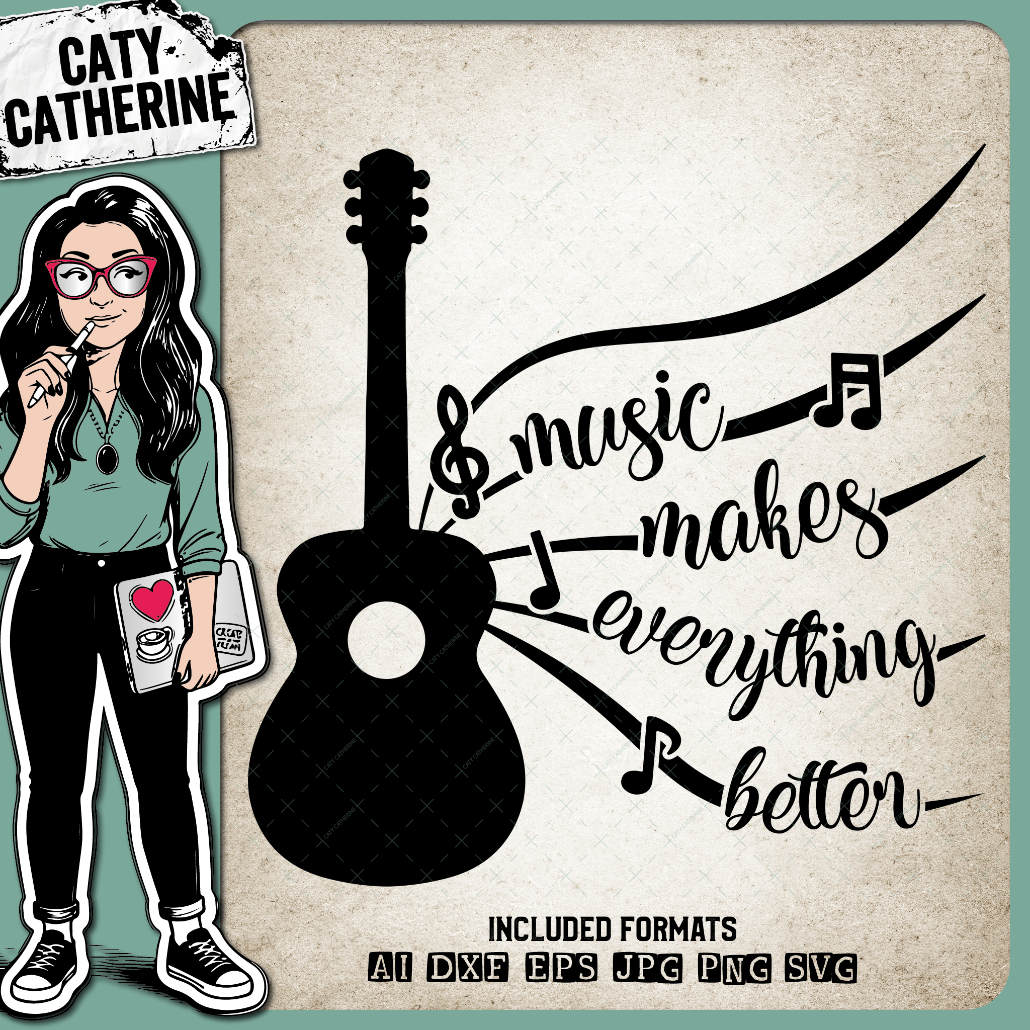 Music Makes Everything Better Quote with Guitar – SVG Design by Caty Catherine