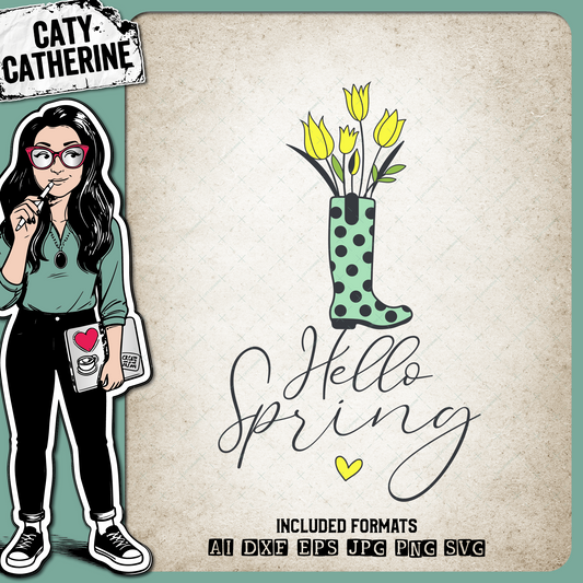 Hello Spring Wellington Boot with Flowers Seasonal – SVG Design by Caty Catherine