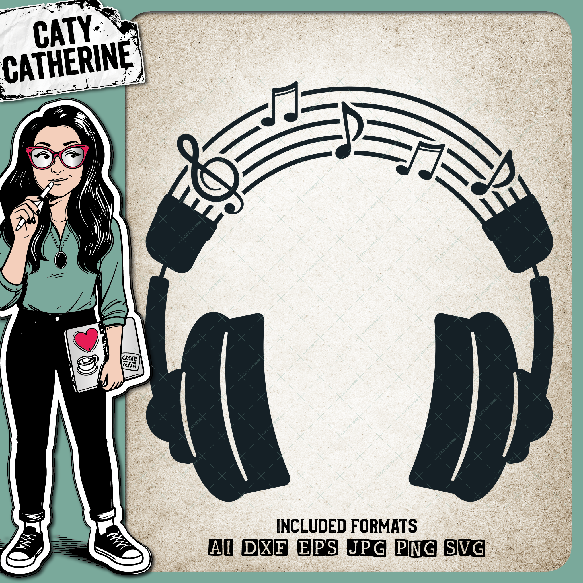 Musical Headphones with Music Notations – SVG Design by Caty Catherine