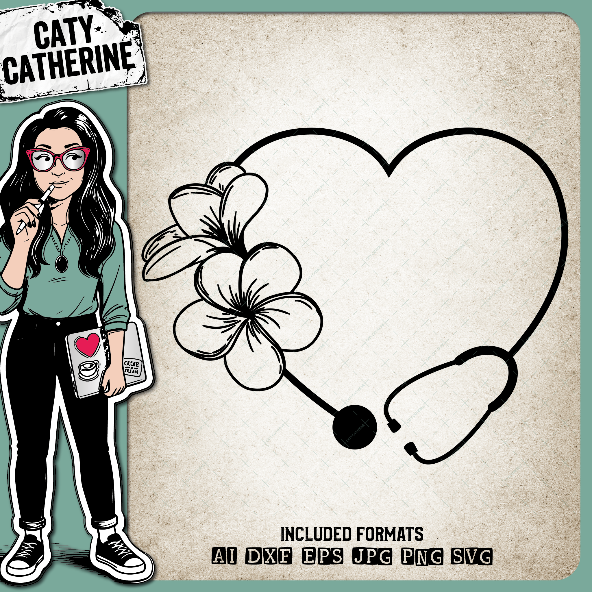 Doctor & Nurse Appreciation Love Heart with Plumeria Flowers & Stethoscope – Occupations SVG Design by Caty Catherine