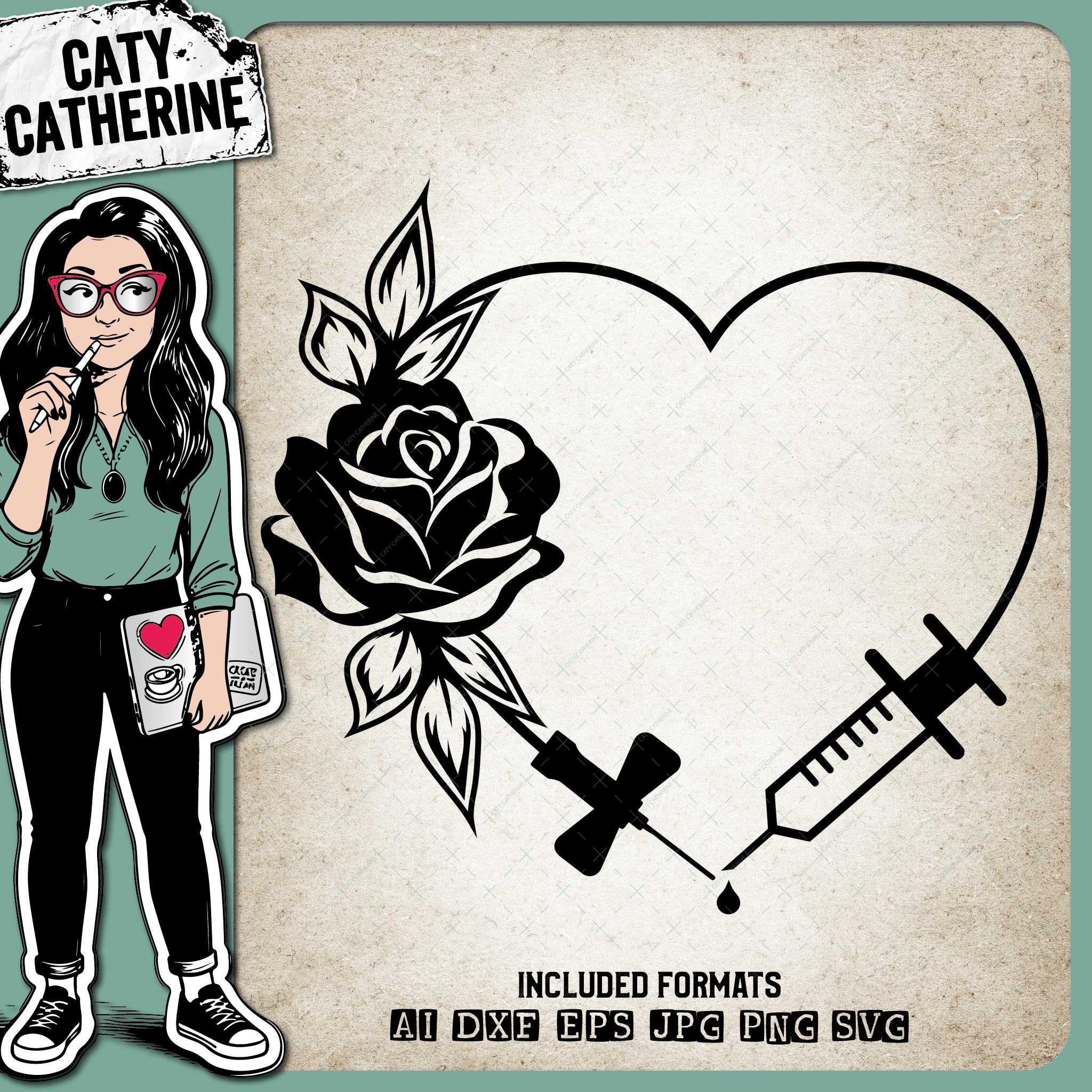 Phlebotomist Appreciation Floral Love Heart with Needle – Occupations SVG Design by Caty Catherine