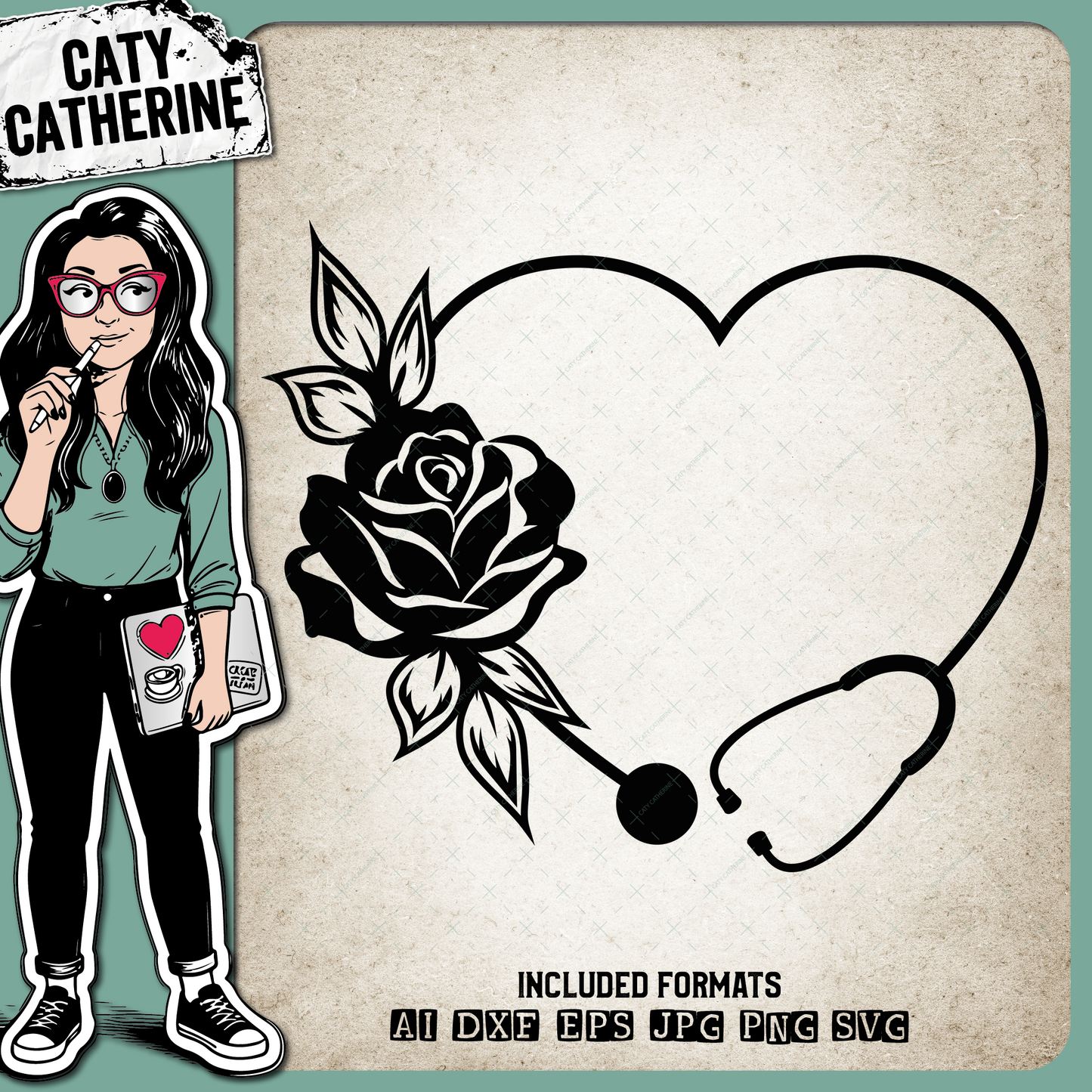 Doctor & Nurse Appreciation Floral Love Heart with Stethoscope – Occupations SVG Design by Caty Catherine