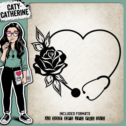 Doctor & Nurse Appreciation Floral Love Heart with Stethoscope – Occupations SVG Design by Caty Catherine