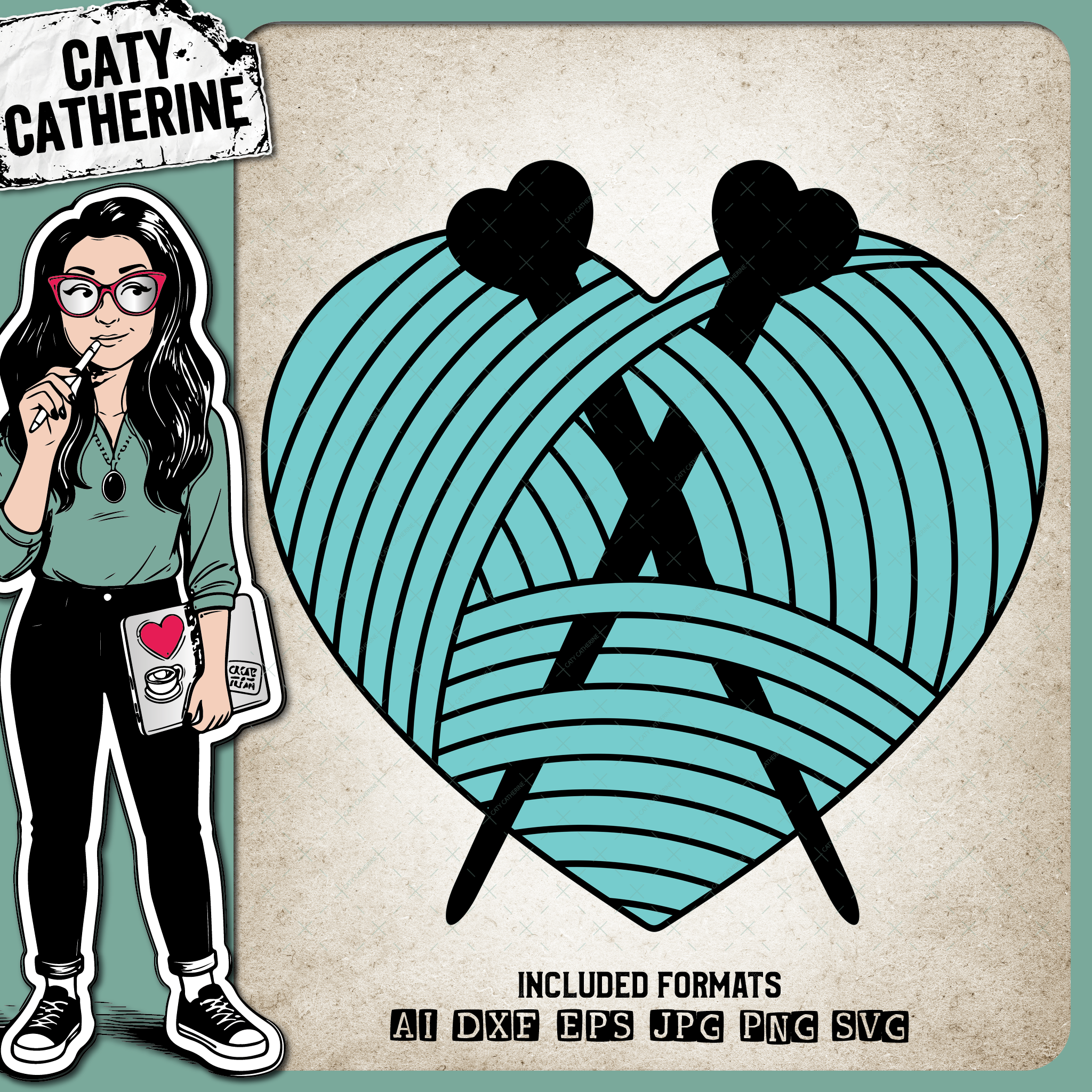 Love Heart Yarn Ball of Wool with Knitting Needless – SVG Design by Caty Catherine