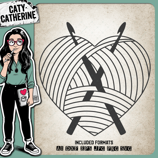 Love Heart Yarn Ball of Wool with Crochet Hookss – SVG Design by Caty Catherine