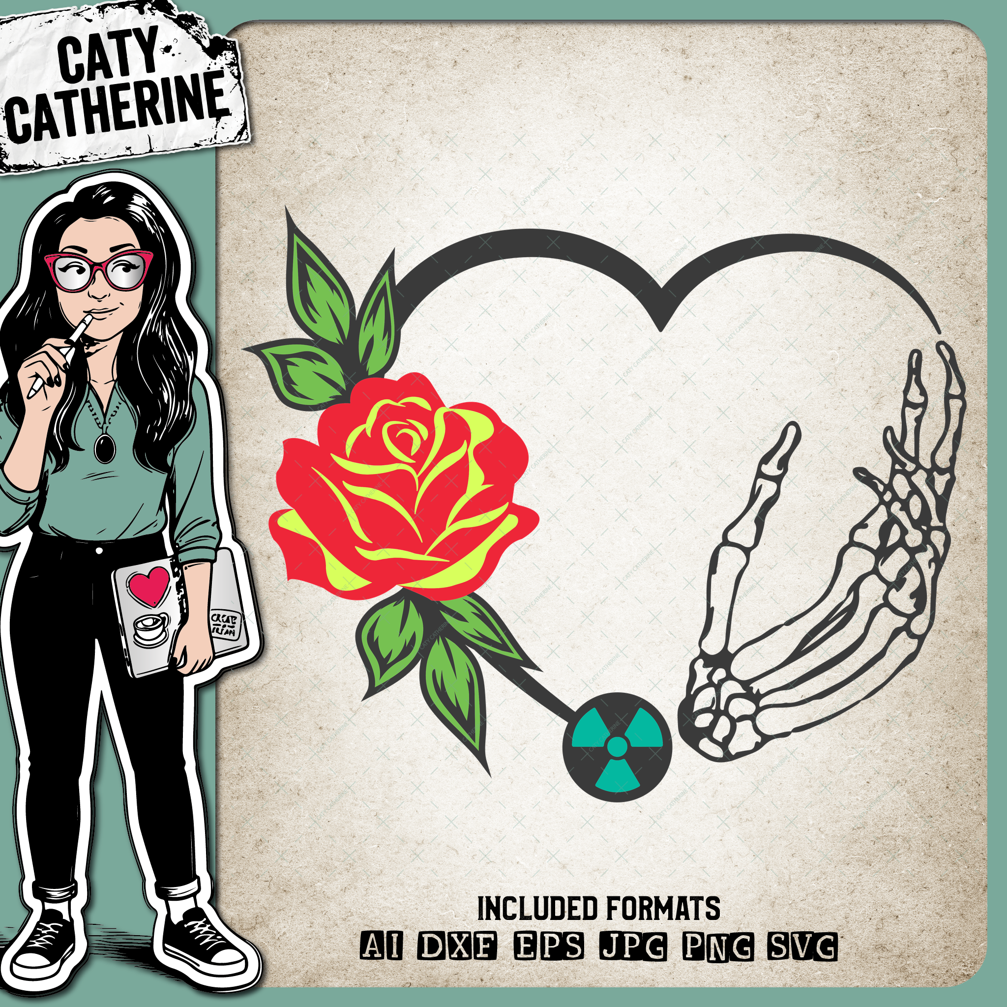 Radiologic Technologist / X-Ray Tech Appreciation Floral Love Heart with Skeleton Hand – Occupations SVG Design by Caty Catherine