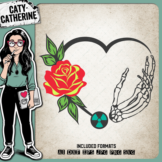 Radiologic Technologist / X-Ray Tech Appreciation Floral Love Heart with Skeleton Hand – Occupations SVG Design by Caty Catherine