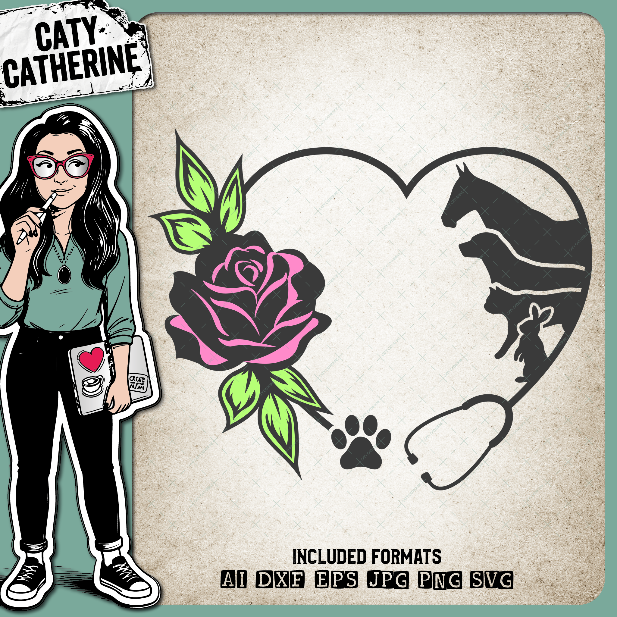 Veterinary Surgeon Nurse Appreciation Floral Love Heart with Stethoscope and Animals – Occupations SVG Design by Caty Catherine