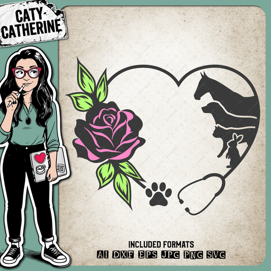 Veterinary Surgeon Nurse Appreciation Floral Love Heart with Stethoscope and Animals – Occupations SVG Design by Caty Catherine