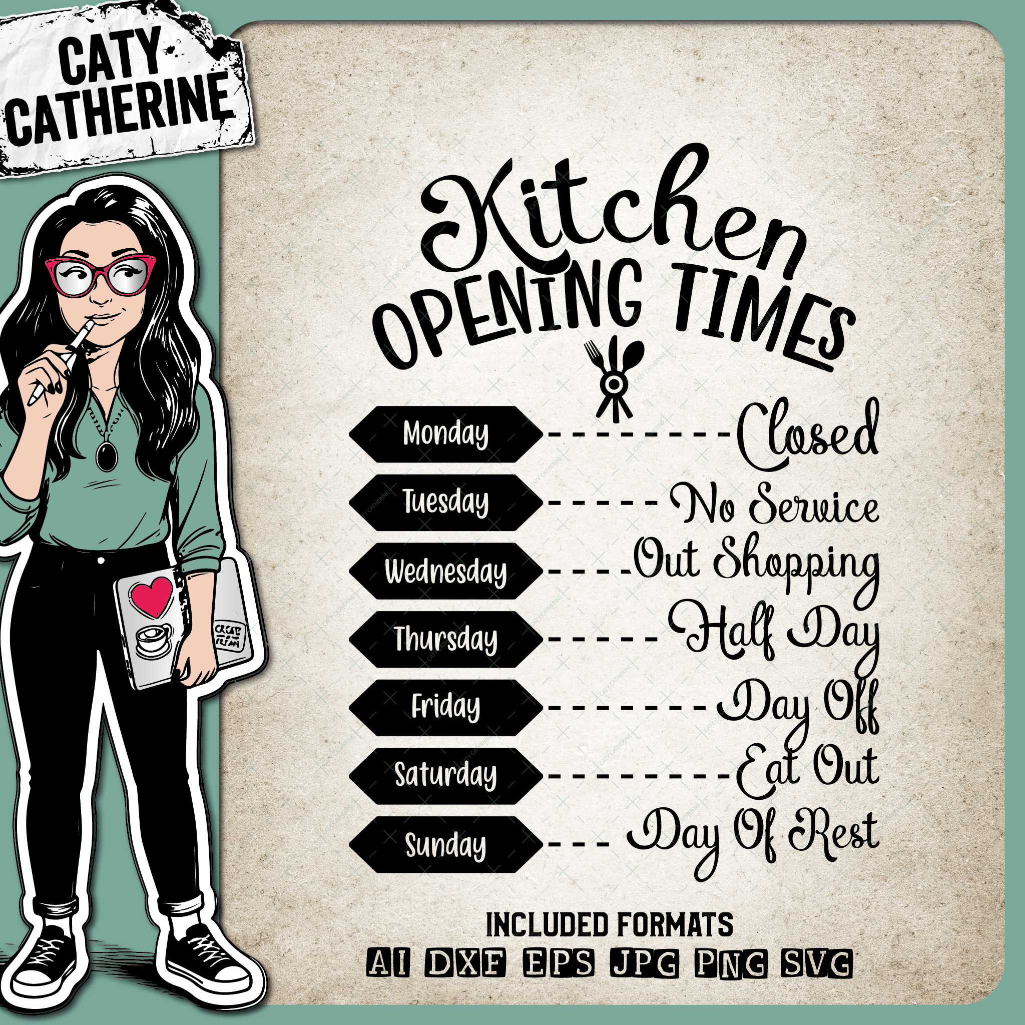 Kitchen Opening Times Funny DIY Home Sign – Home Decor SVG Design by Caty Catherine