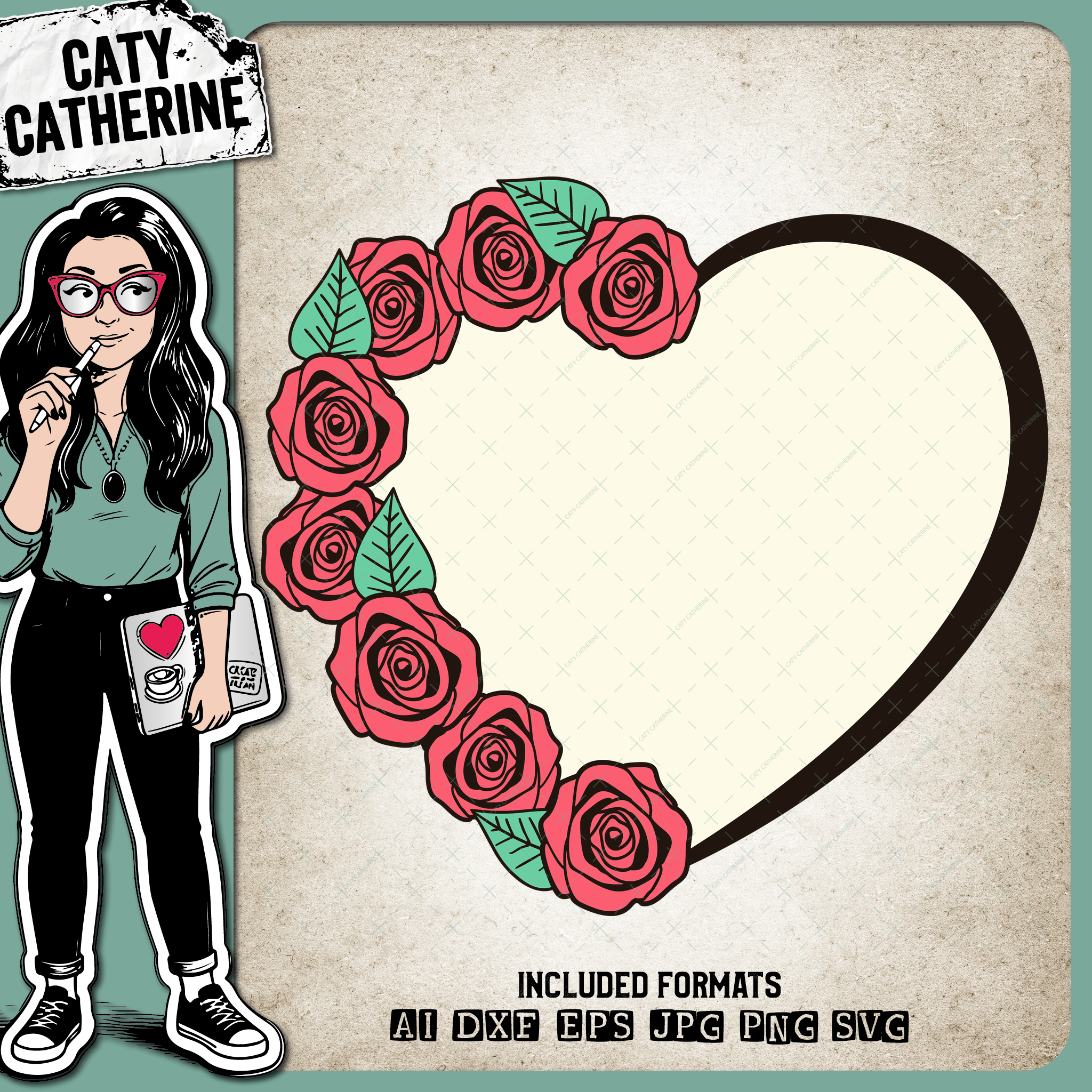 Roses with Leaves Love Heart Frame – SVG Design by Caty Catherine