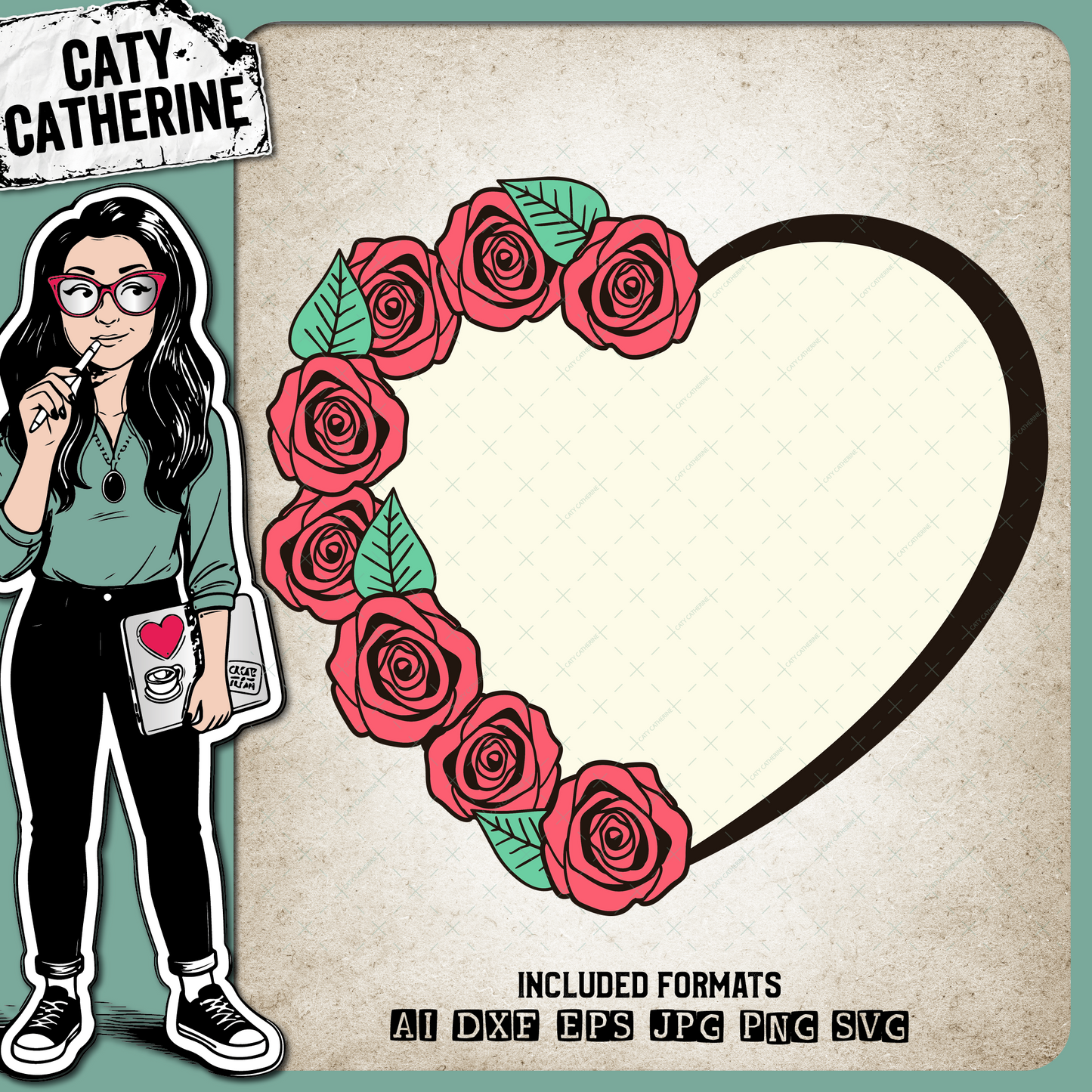 Roses with Leaves Love Heart Frame – SVG Design by Caty Catherine