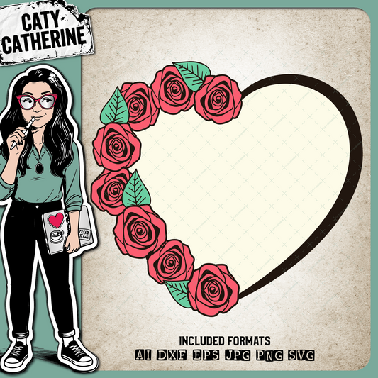 Roses with Leaves Love Heart Frame – SVG Design by Caty Catherine